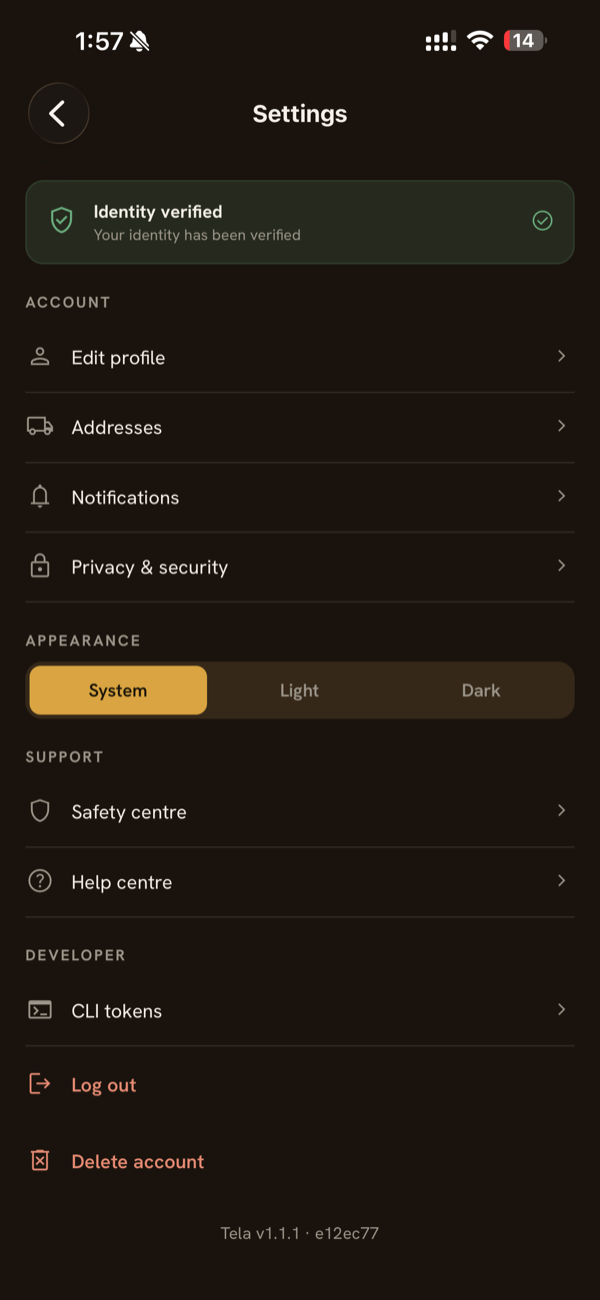 Tela app Settings screen with the Developer → CLI tokens row