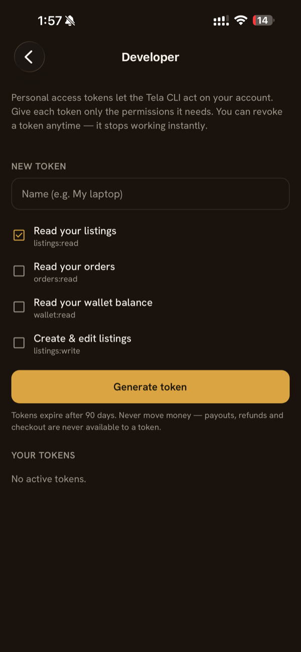 Developer screen: name the token, choose permissions, and generate it